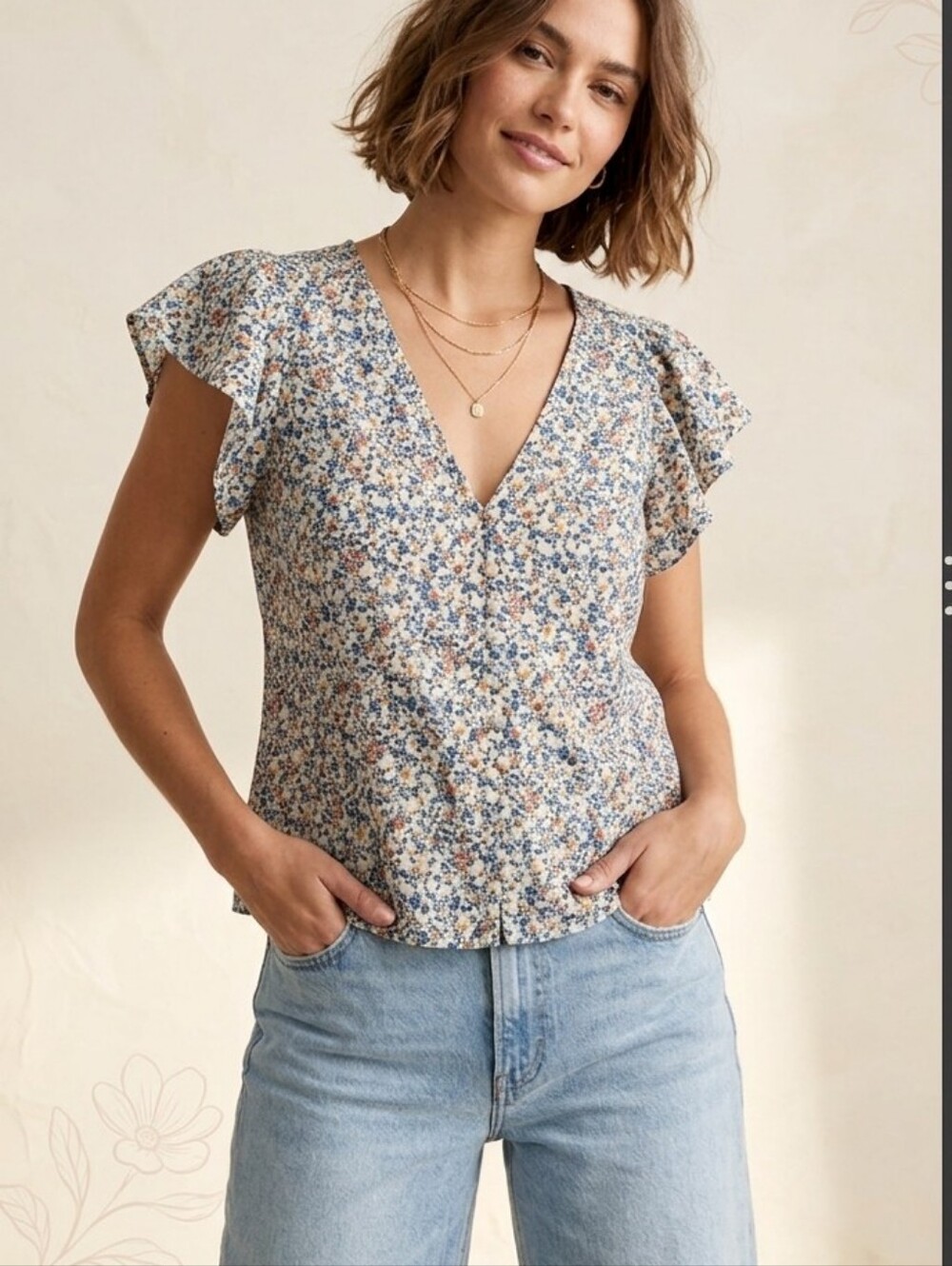 Madewell Ditsy Floral V-Neck Flutter Sleeve Top - Sz M/L